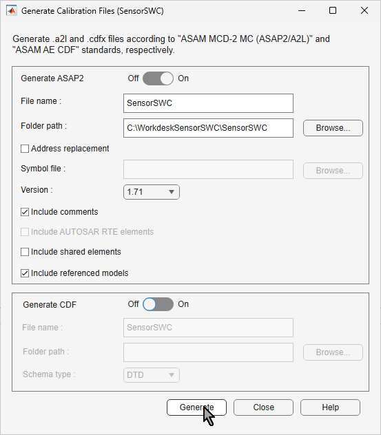 Generate Calibration Files dialog box.