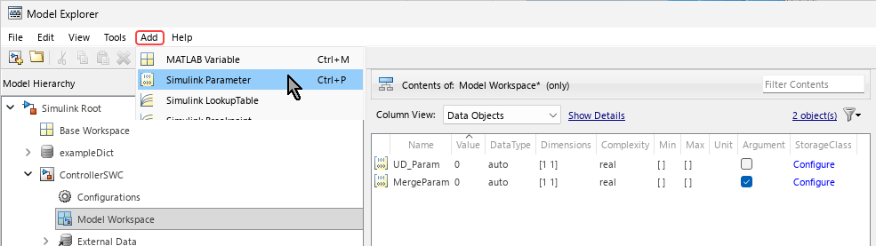 Model Explorer with the Model Workspace item selected on the left pane. The Add menu bar item is highlighted and the mouse cursor is selecting the Simulink Parameter from the list that is open under the Add item. In the middle pane there are two Simulink Parameters, UD_Param and MergeParam, with value 0. The Argument checkbox of MergeParam is selected.