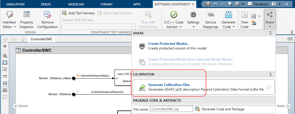 Model ControllerSWC with the Software Component tab selected in the Simulink Toolstrip. The gallery of the Share button is open with the Generate Calibration Files item in the Calibration section labeled.