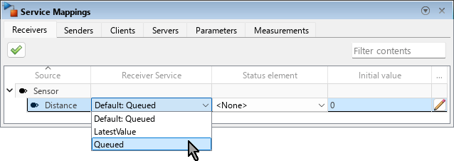 Service Mappings editor open with the Receiver tab selected. The entry for Sensor.Distance is in focus. In the Sender Service, the mouse is selecting Queued.