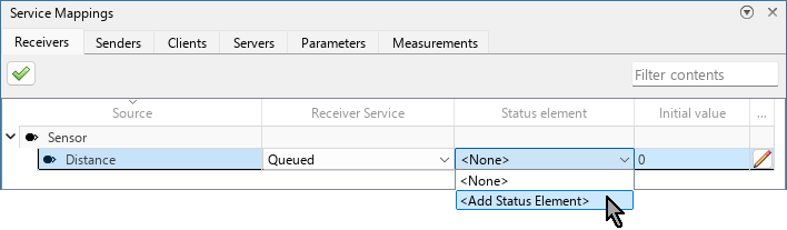 Receivers tab of Service Mappings editor. The Status element drop down list of Distance is open and the mouse cursor is pointing at the option <Add Status Element>.