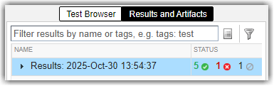 Test Manager results showing 5 passed, 1 failed, and 1 disabled test