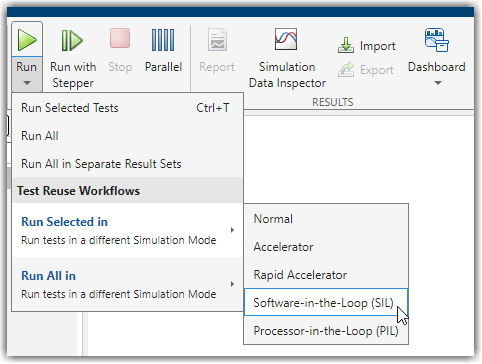 Test Manager Run menu with Run Selected in Software-in-the-Loop (SIL) selected