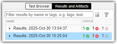 Test Manager results showing normal mode and SIL mode runs, each with 5 passed, 1 failed, and 1 disabled