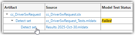 Metric Details table showing Detect set test with Failed status