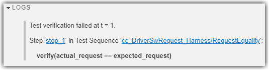 Logs showing test verification failed because actual_request did not equal expected_request