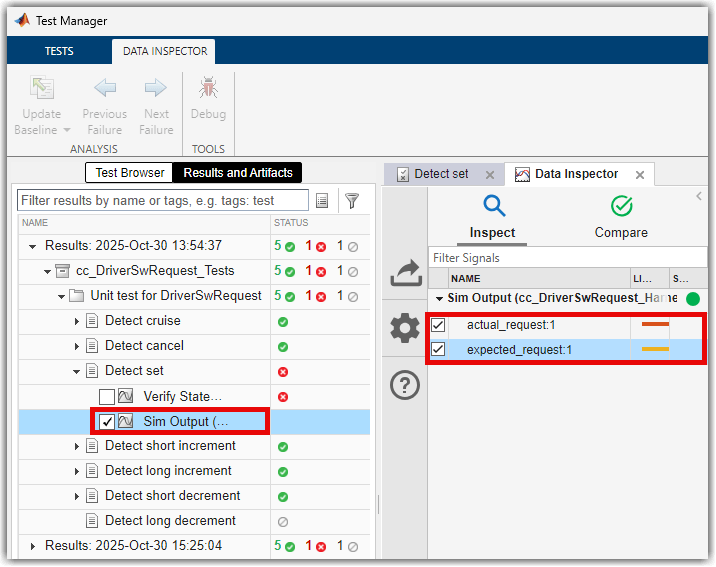 Test Manager with Sim Output selected and Data Inspector showing actual_request and expected_request signals