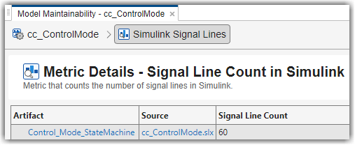 Metric Details showing the signal line count for the artifact