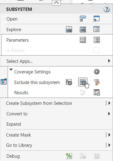 Simulink context menu with mouse cursor pointing to the "Exclude referenced library" button