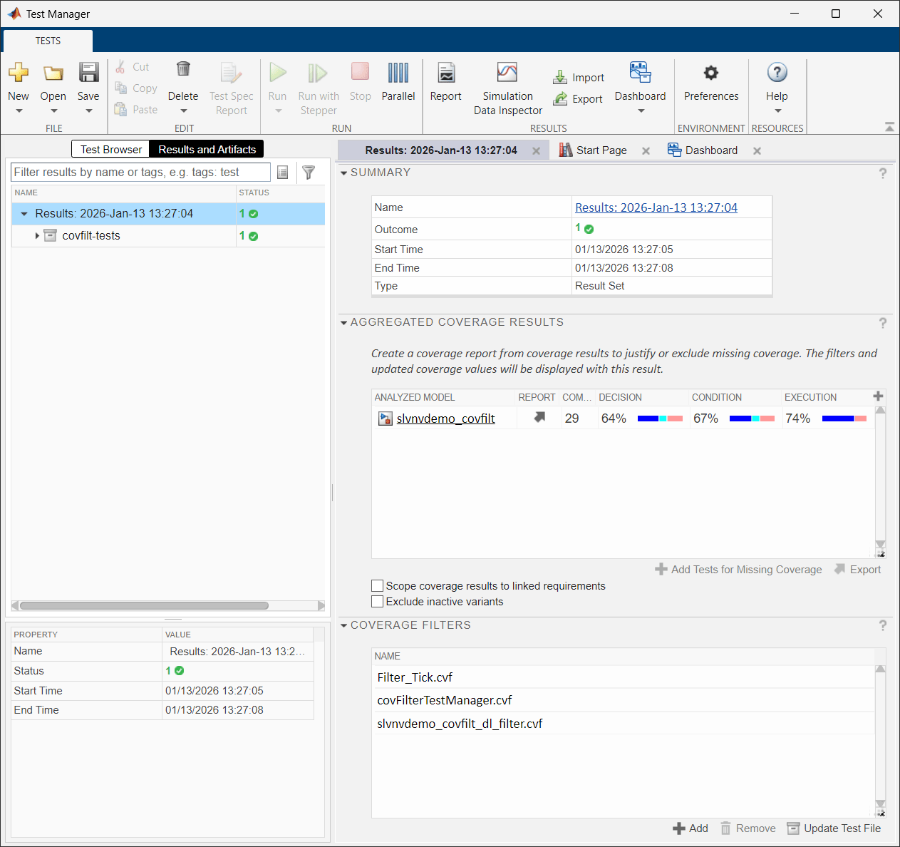 Test Manager Results view with three coverage filter files applied.