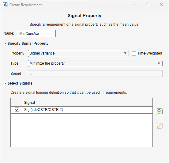 The Create Requirement dialog box showing the specified signal property and the selected signal