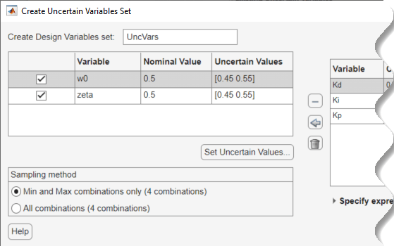 Create Uncertain Variables set dialog box with the variables w0 and zeta shown in the table on the left