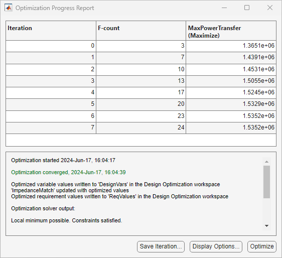 The Optimization Progress Report dialog box