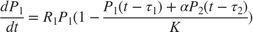 $$\frac{d P_1}{dt} = R_1 P_1 (1 - \frac{P_1(t-\tau_1)+\alpha P_2(t-\tau_2)}{K})$$