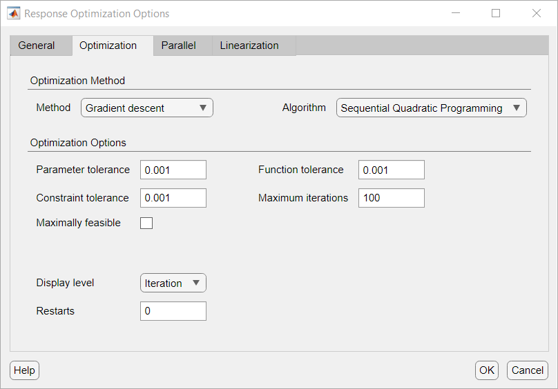 Optimization tab in the Response Optimization Options dialog box. The Method is Gradient descent and Algorithm is Sequential Quadratic Programming.