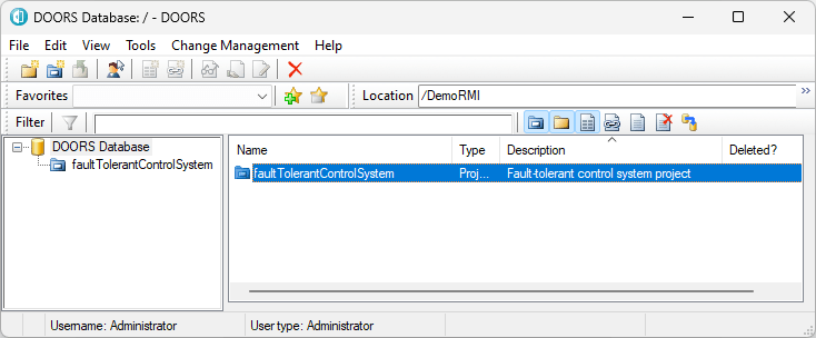 The DOORS Database window shows the faultTolerantControlSystem project.