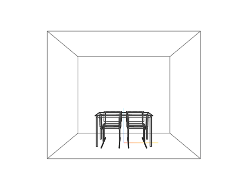 3-D model of a table and four chairs. The camera points at the backs of two chairs.