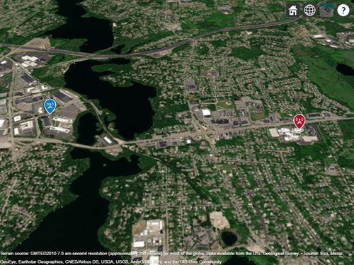 A transmitter site and a receiver site displayed over satellite imagery