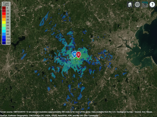A coverage map displayed over satellite imagery