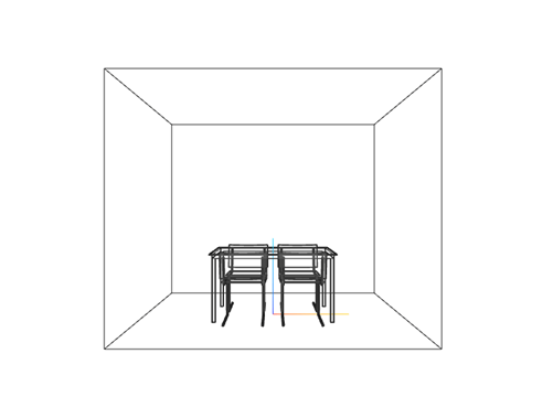 3-D model of a table and four chairs. The camera points at the backs of two chairs.