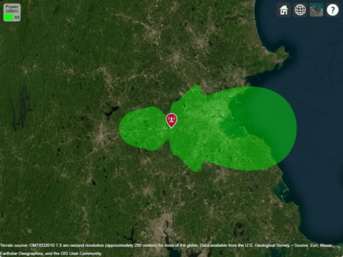 Transmitter site and coverage map displayed over satellite imagery