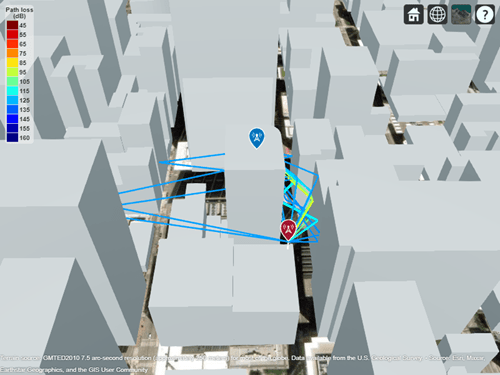 Site Viewer with buildings showing multiple propagation paths from a transmitter site to a receiver site