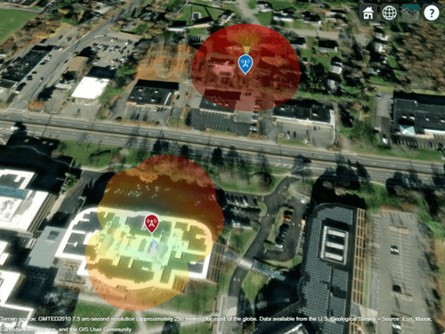 Transmitter and receiver patterns displayed over satellite imagery