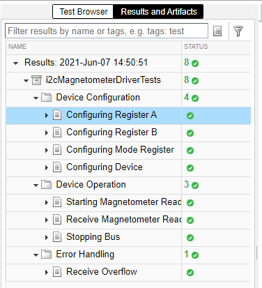 The results of the test suite named i2cMagnetometerDriverTests. Every test passes.