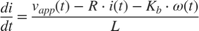 $$ \frac{di}{dt} = \frac{v_{app}(t) - R \cdot i(t) - K_b \cdot \omega(t)}{L} $$