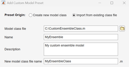 Add Custom Model Preset dialog box with entries for the new model preset