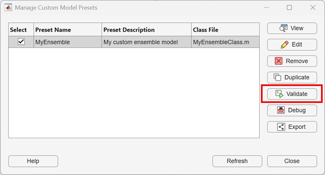 Validating the changes to the custom model preset