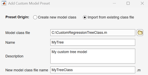 Add Custom Model Preset dialog box with entries for the new model preset