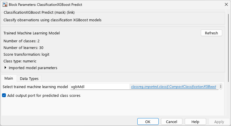 Block Parameters: ClassificationXGBoost Predict dialog box