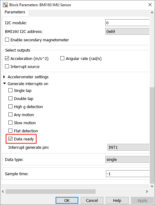 Trigger Downstream Function-Call Subsystem Using STMicroelectronics Nucleo External Interrupt Block with Data Ready Event on BMI160 Sensor