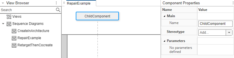 View Browser of the Architecture Views Gallery with the RepairExample sequence diagram selected.