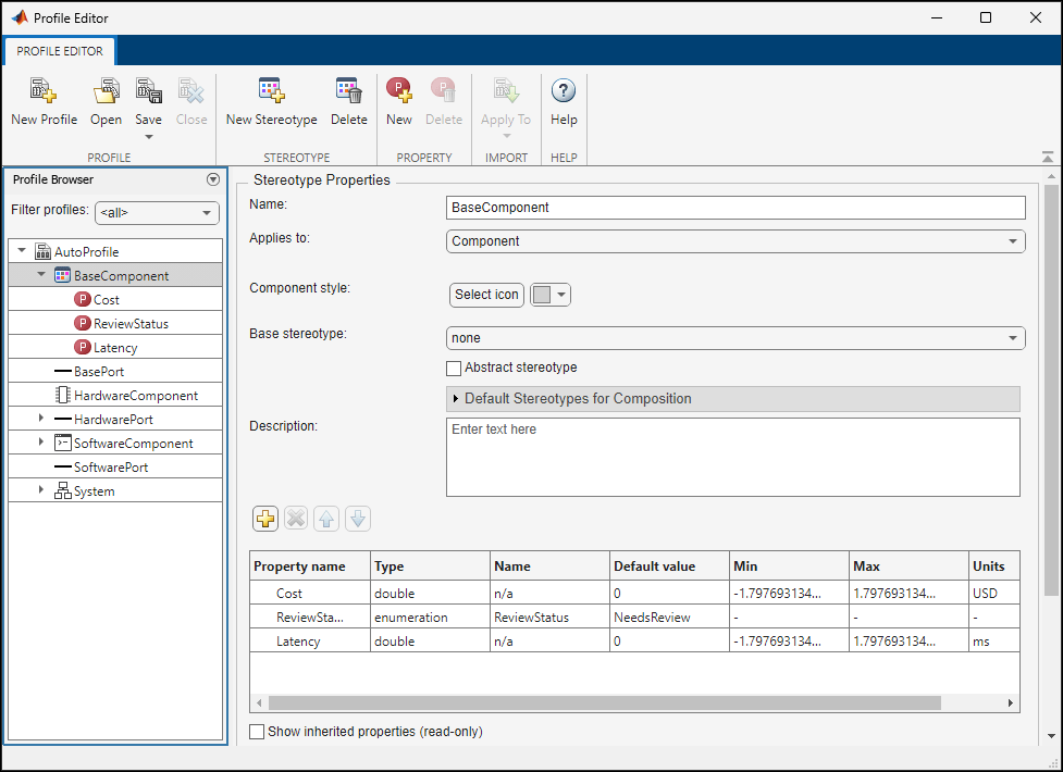 Profile Editor stereotypes and properties.