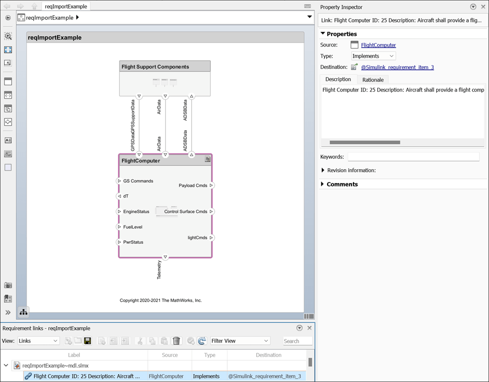 The Requirements Perspective shows a requirement link that references a word document and not a requirement set imported into the model.