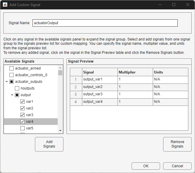 Add Custom Signal dialog box with Signal Name set to actuatorOutput, var1, var2, var3, and var4 selected in the Available Signals pane, and the Signal Preview pane populated with four entries.