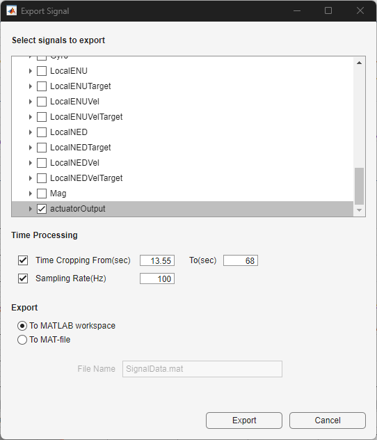 Export Signal dialog box with the actuatorOutput signal selected, Time Cropping set to a range of 13.55 to 68 seconds, Sampling Rate specified as 100 Hz, and To MATLAB workspace selected in the Export section.