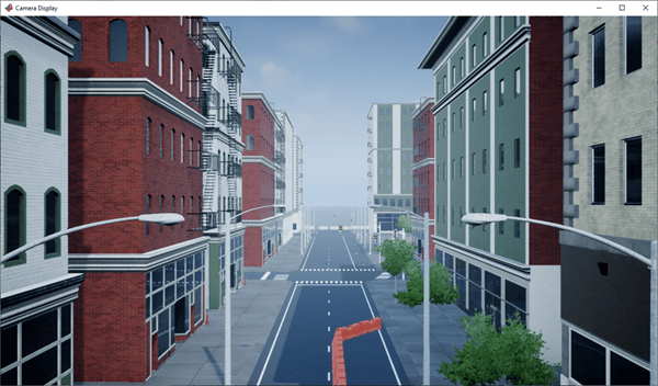 Camera Display output showing a forward-facing view of an urban street with buildings, streetlights, and lane markings