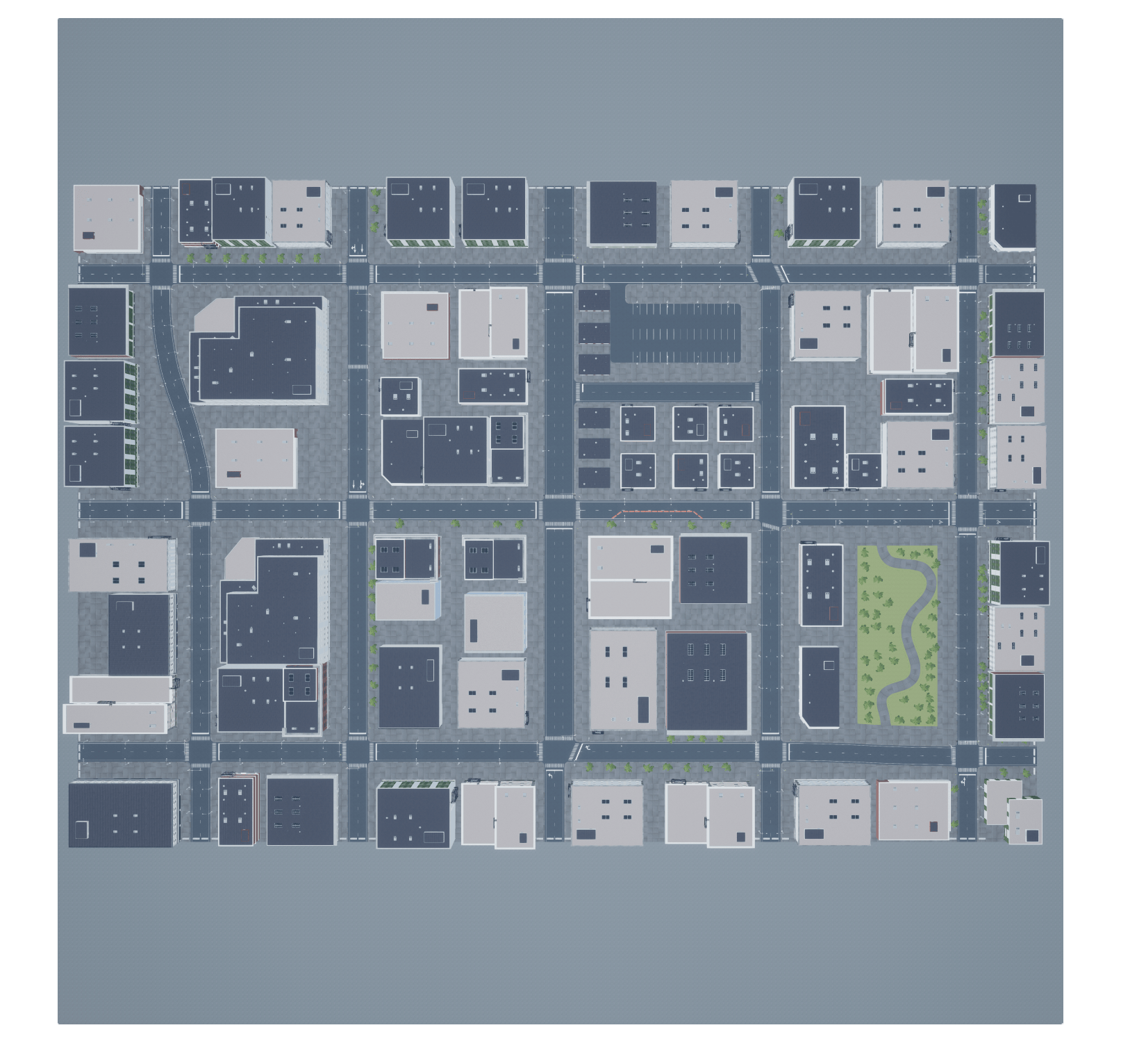 Top-down aerial view of US City Block scene showing buildings, roads, and a park area used for UAV simulation.