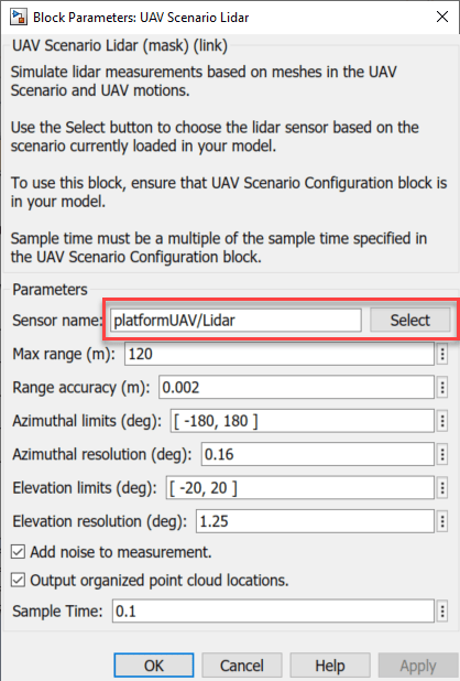 UAV Scenario Lidar block parameters with Sensor name platformUAV/Lidar, Max range 120 m, and Azimuthal limits [-180, 180] degrees