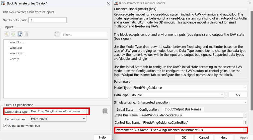 Bus Creator and Guidance Model block masks, with the Output data type and Environment Bus Name parameters highlighted, respectively.