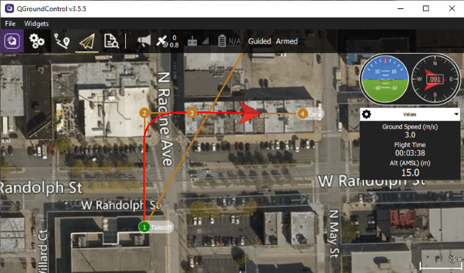 Screenshot of QgroundControl showing the flight plan with 4 waypoints