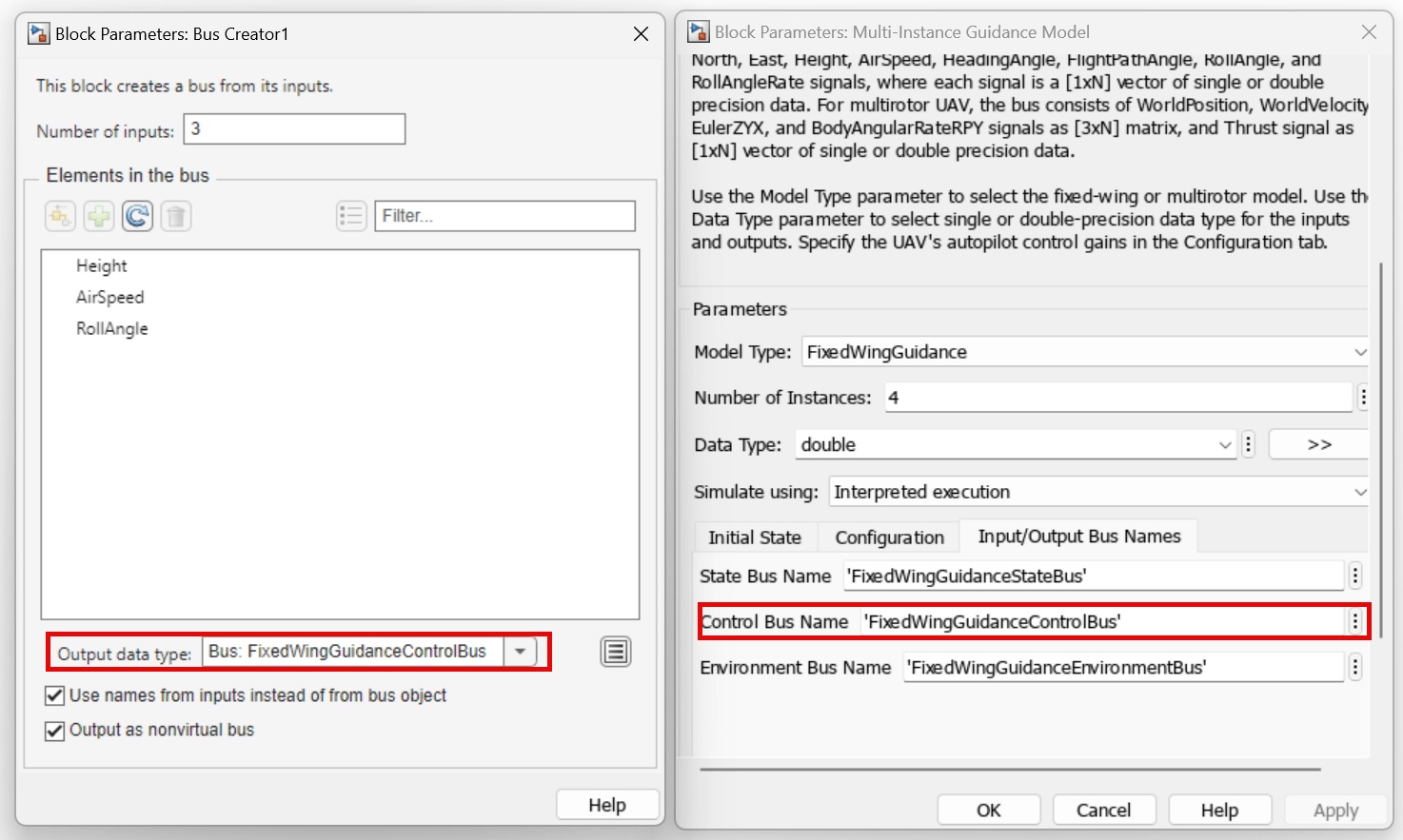 Bus Creator and Multi-Instance Guidance Model block masks, with the Output data type and Control Bus Name parameters highlighted, respectively.