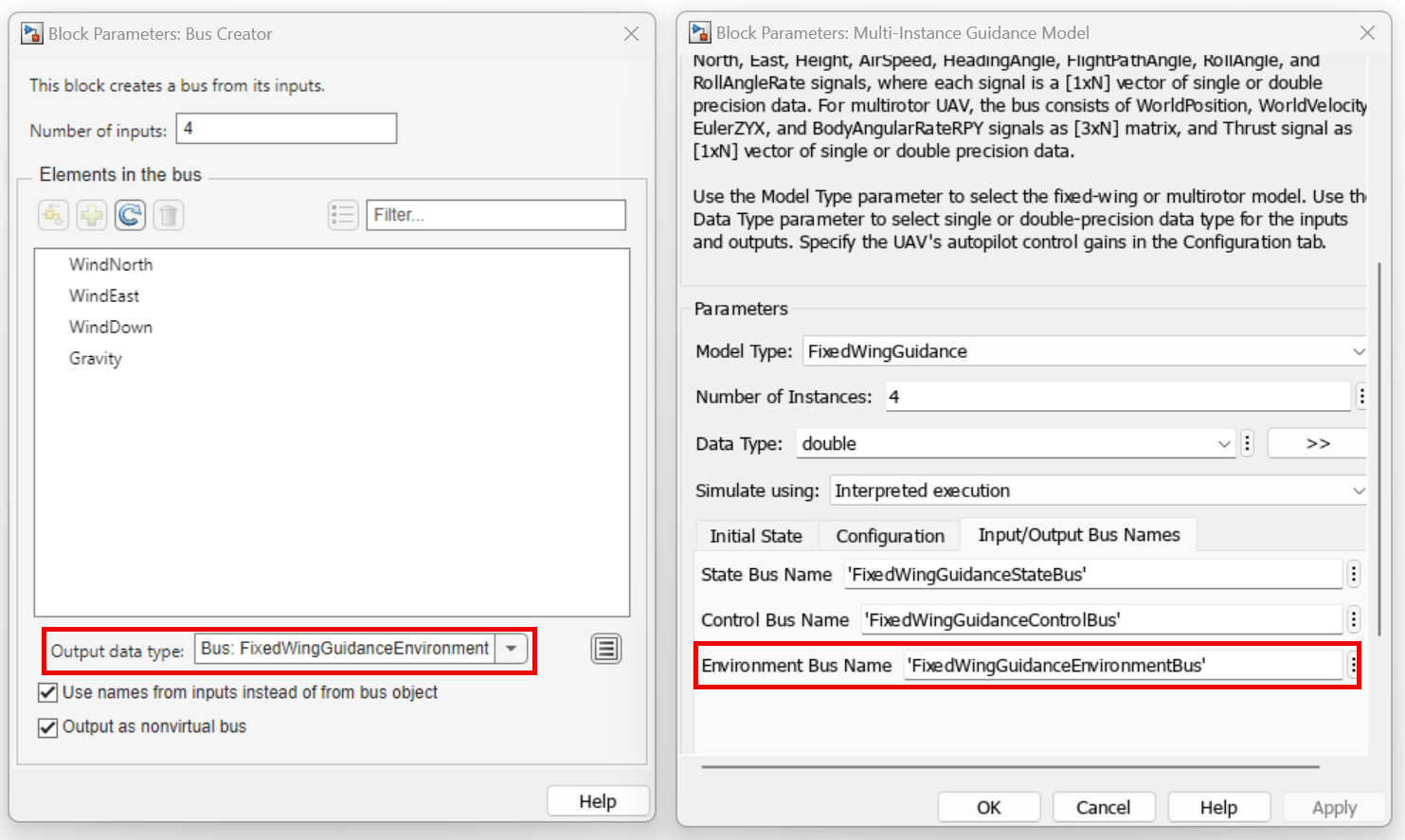 Bus Creator and Multi-Instance Guidance Model block masks, with the Output data type and Environment Bus Name parameters highlighted, respectively.