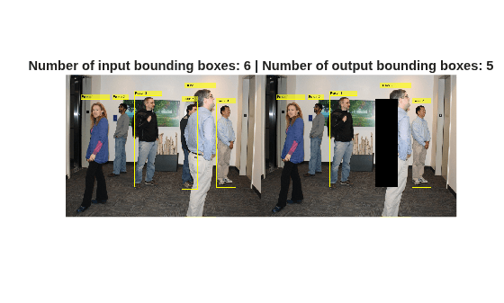 Figure contains an axes object. The hidden axes object with title Number of input bounding boxes: 6 | Number of output bounding boxes: 5 contains an object of type image.