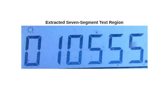 Figure contains an axes object. The hidden axes object with title Extracted Seven-Segment Text Region contains an object of type image.
