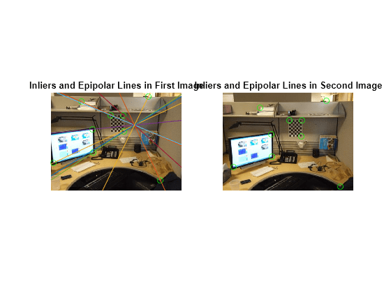 Figure contains 2 axes objects. Hidden axes object 1 with title Inliers and Epipolar Lines in First Image contains 11 objects of type image, line. One or more of the lines displays its values using only markers Hidden axes object 2 with title Inliers and Epipolar Lines in Second Image contains 2 objects of type image, line. One or more of the lines displays its values using only markers