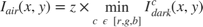 $$ I_{air}(x,y) = z \times \min_{c\ \epsilon\ [r,g,b]} I^c_{dark}(x,y)$$